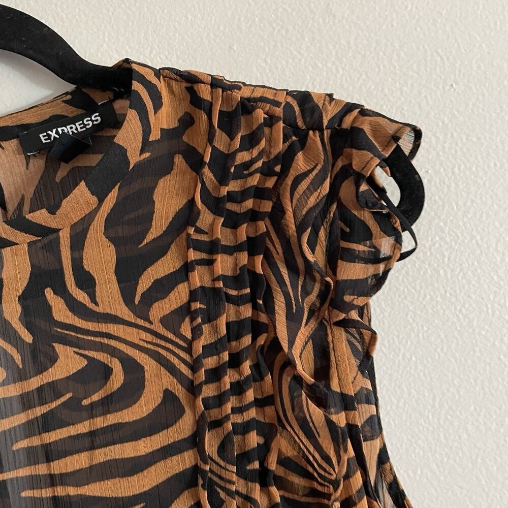 Express Women M Tiger Animal Print Sleeveless Ruffle Ruched Mini Dress NWT - Picture 7 of 12